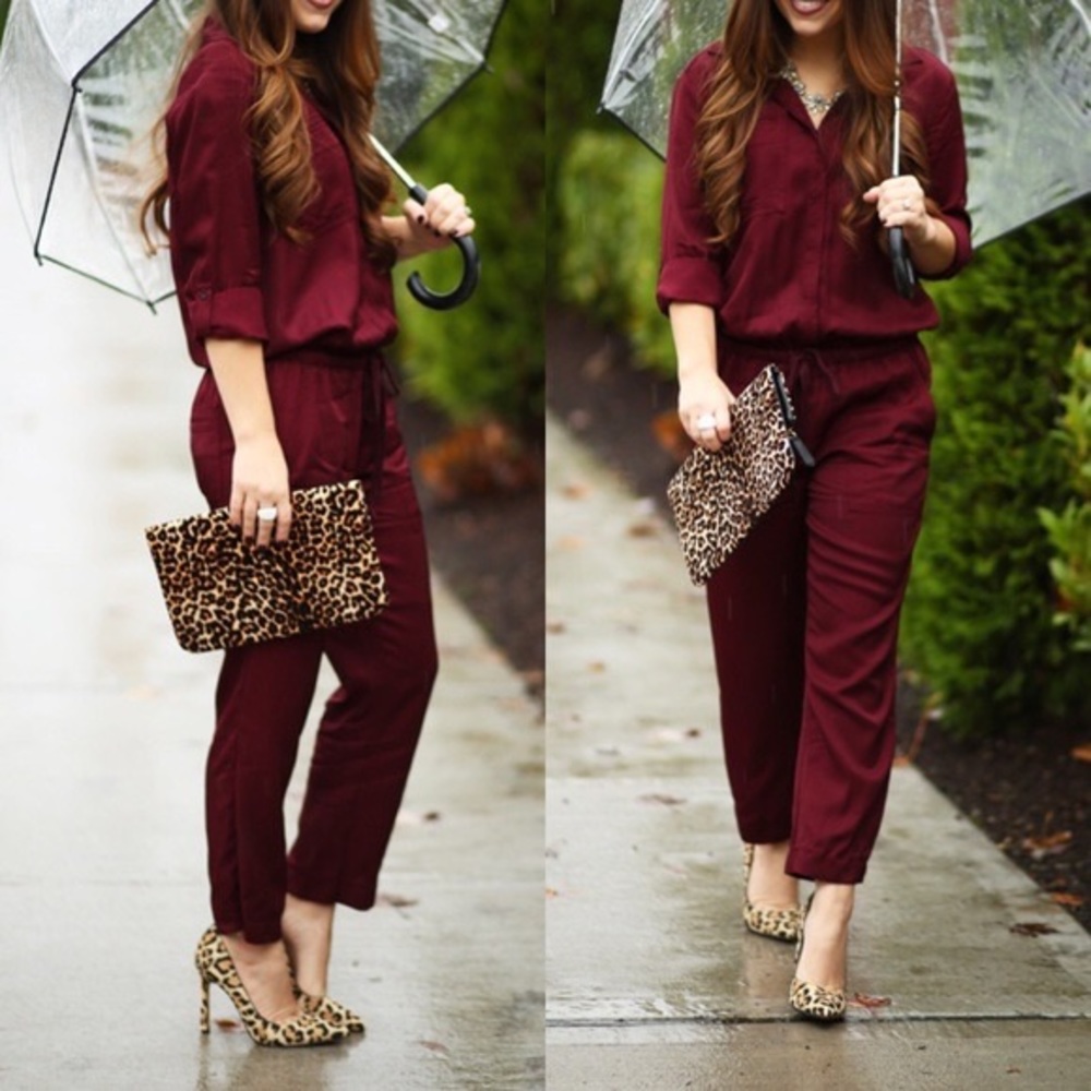 LOFT Burgundy Long Sleeved Jumpsuit in Small
